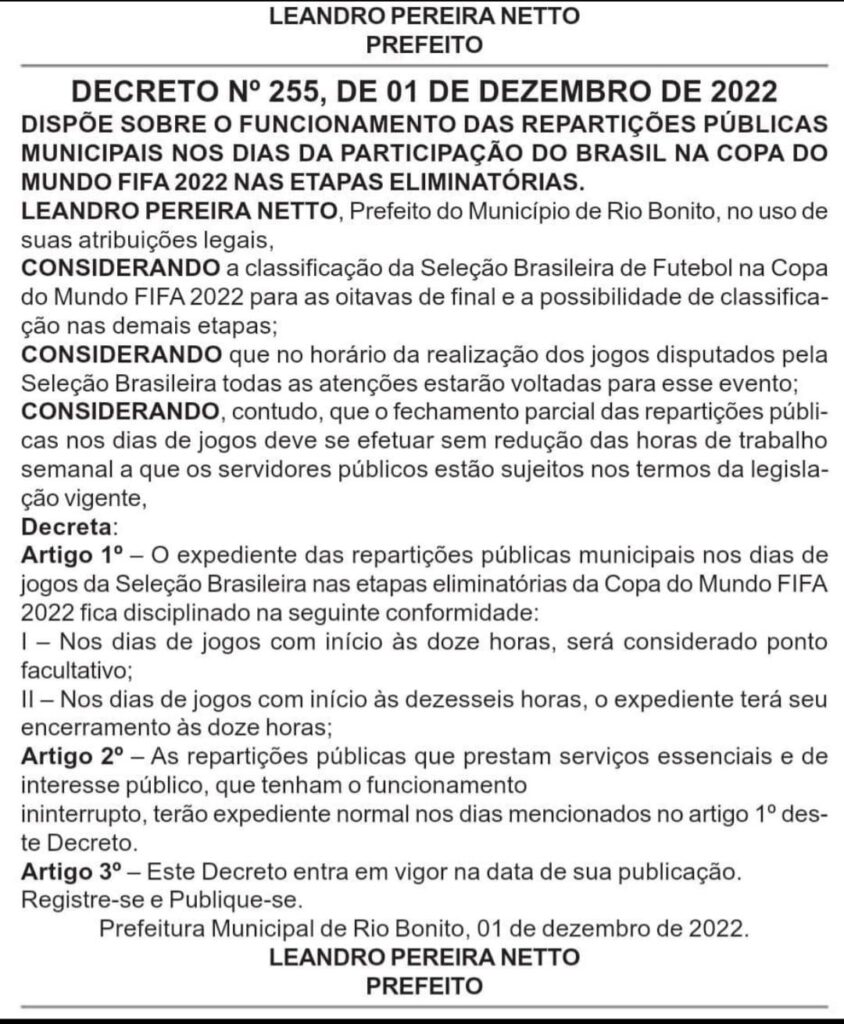 HORÁRIOS ESPECIAIS EM DIA DE JOGO DO DO BRASIL, EM BONFINÓPOLIS -  Prefeitura Bonfinópolis